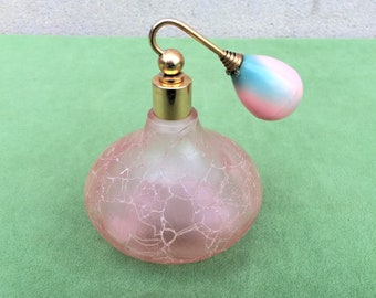Pink Perfume Bottle, Crackled Glass Atomizer in Good Working Order, Found And Flogged