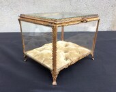 Antique French Bevelled Glass Jewelry Display Box Art Deco Glass Jewelry Box Gilded Metal Wedding Ring Box, Dresser Decor, Engagement Gift