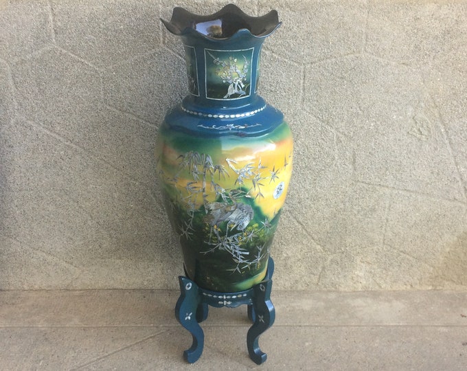 Large Asian Floor Vase With Stand, Vintage Hand Decorated Vase, Found
