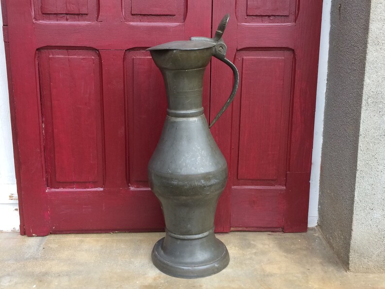 Very Large Antique Pewter Wine Pitcher or Water Jug Shabby Chic French Hallmarked Pewter Ornament