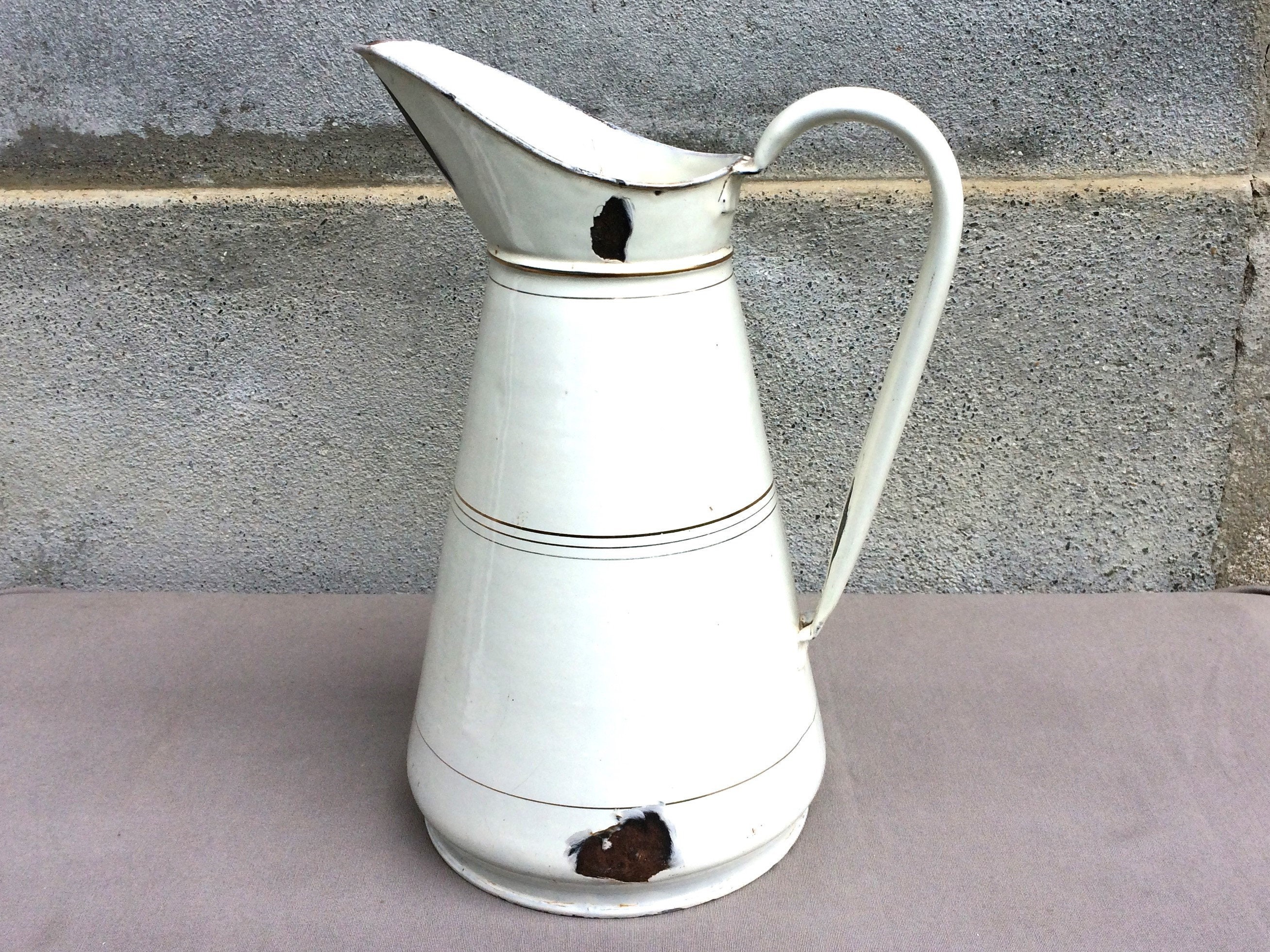 White Enamel Pitcher, Shabby Chic Mid Century Enamelware