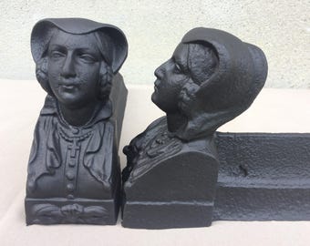 French Antique Andirons, Cast Iron Firedogs, Catholic Home Decor