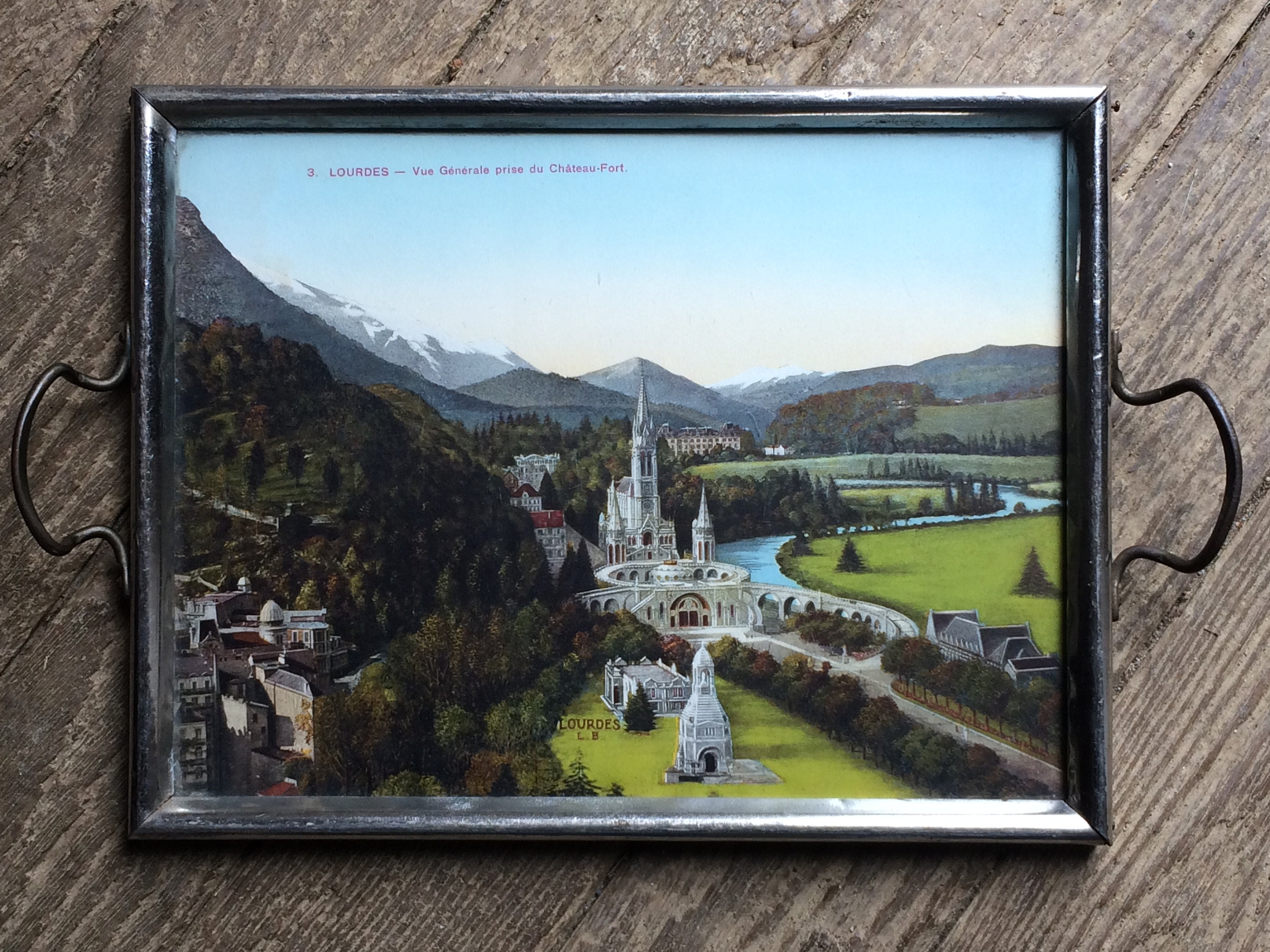 Plateau de Service Vintage Lourdes France, Français Plateau à Café Décoratif Art Déco Antique ou d'a