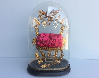 Globe de Mariage Antique, France : Vitrine Victorienne Dôme en Verre