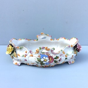 Vintage Planter With 3D Flower Decoration, Italian Bassano Porcelain