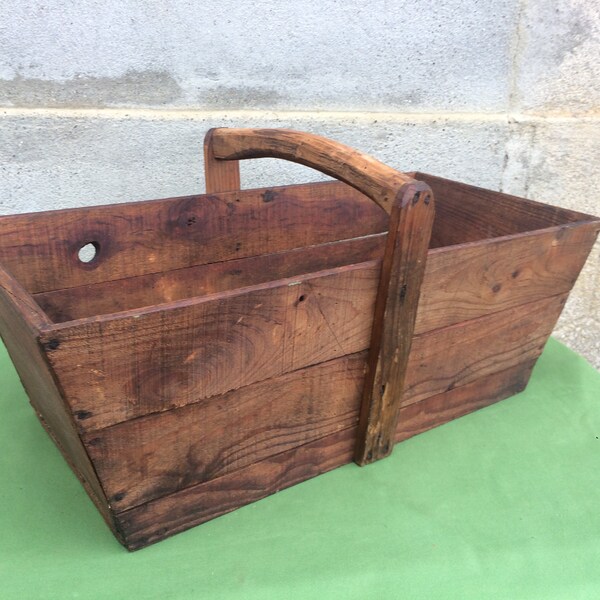 Vintage Wooden Trug, Indoor or Outdoor Basket with Carved Wood Handle, Found And Flogged