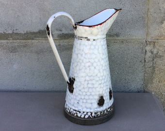 White Enamel Pitcher, Shabby Chic Mid Century Enamelware, Found And Flogged