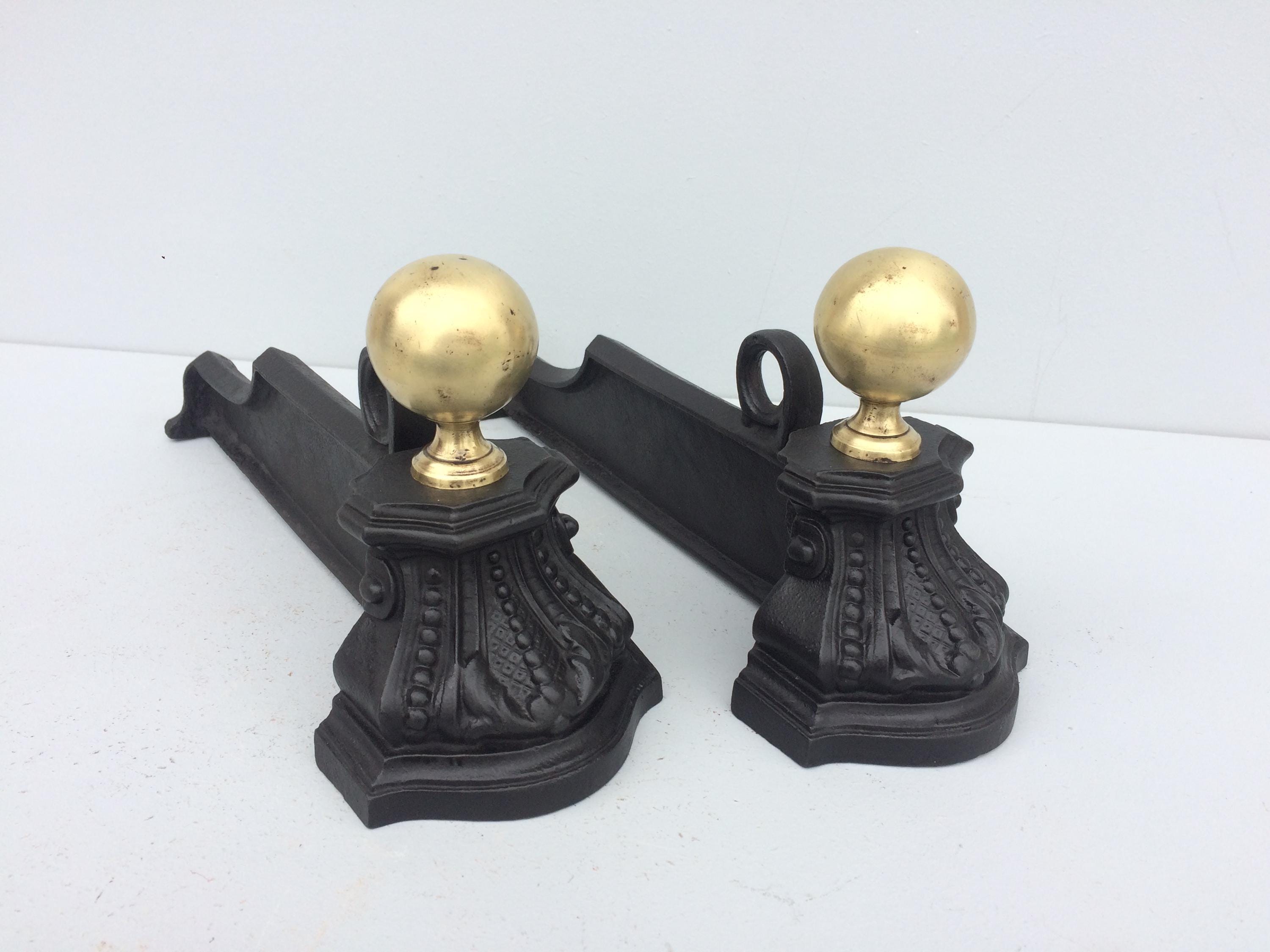 Antique Andirons, French Cast Iron Firedogs With Brass Trim