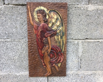 Beschermengel muurhanger, handgemaakt gesneden houten ornament, grote religieuze wanddecoratie