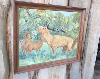 Grande peinture cerf, oeuvre d'art murale cerf, huile sur toile originale signée, décoration animal sauvage