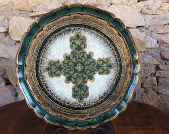 Plateau florentin italien, plateau de service décoratif en bois vert et or