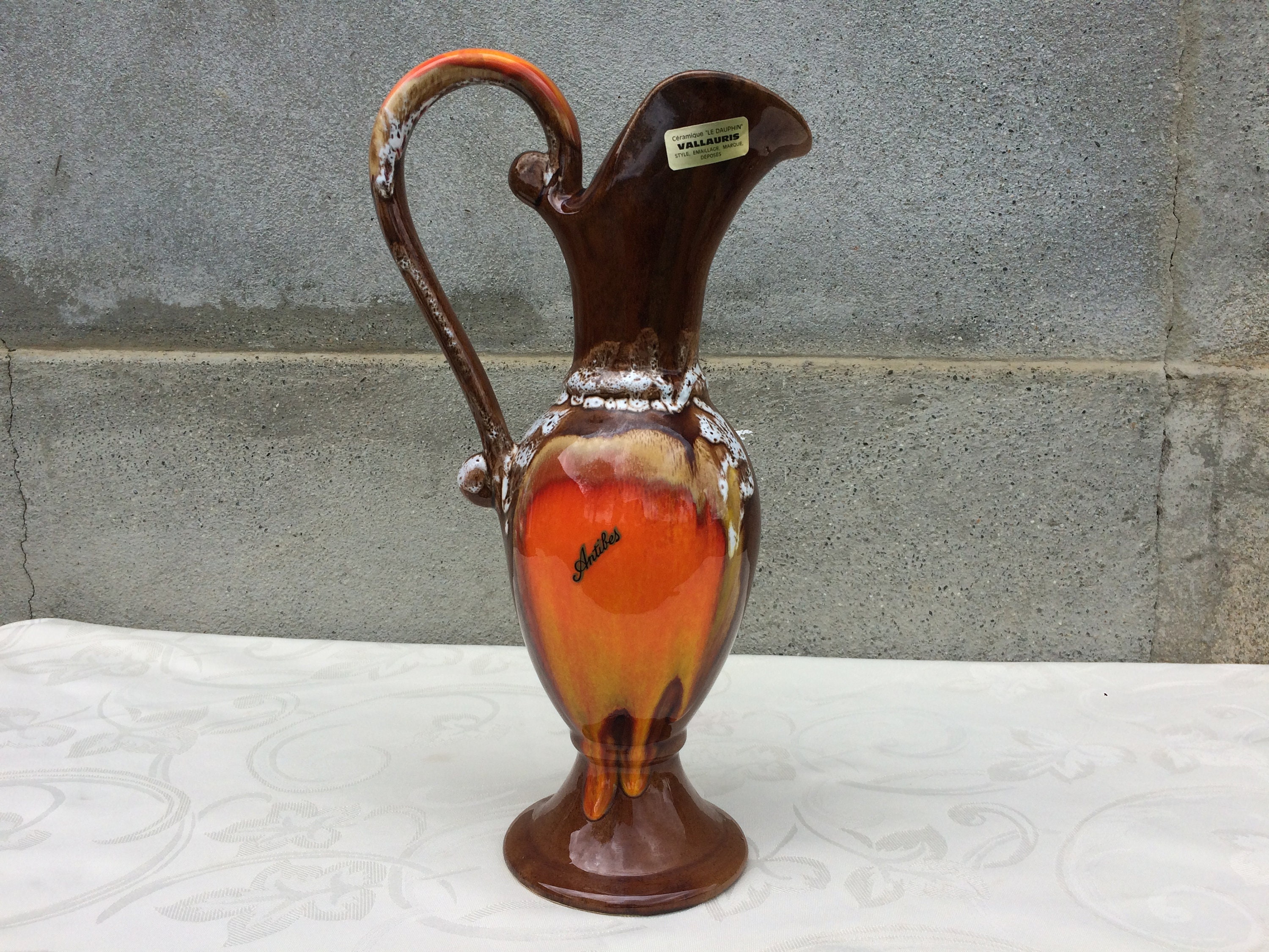 Vase Vallauris Vintage avec Glaçure de Lave Grasse La Riviera Français, Vase Orange et Brun, Trouvé 