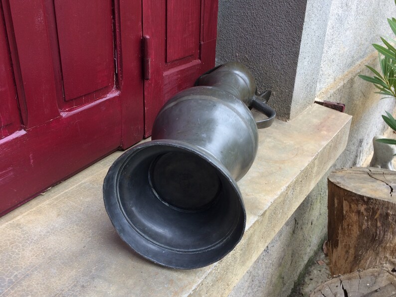 Very Large Antique Pewter Wine Pitcher or Water Jug Shabby Chic French Hallmarked Pewter Ornament