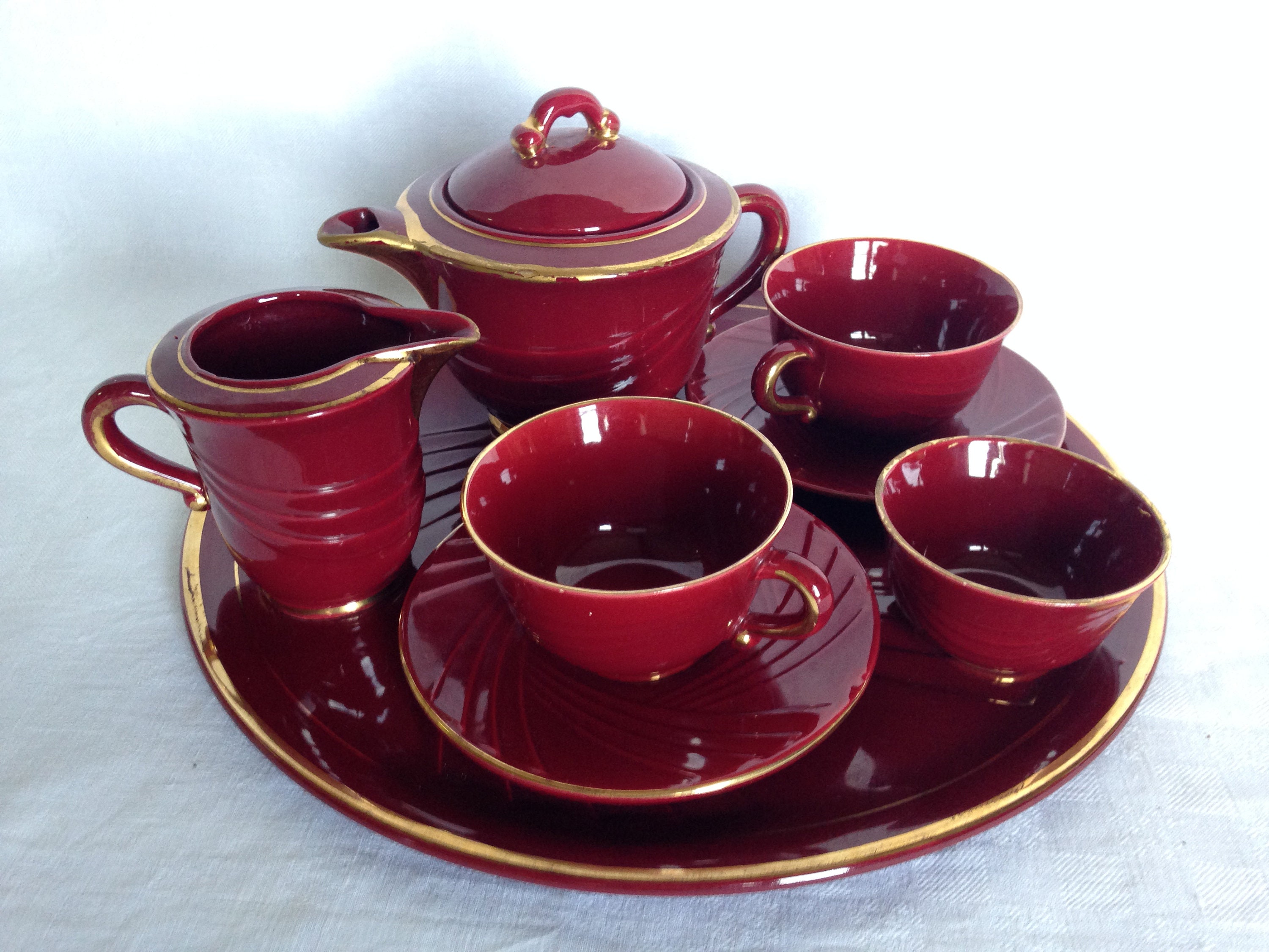 Ensemble de Café Art Déco ou Service Café, Français Vintage Gilt Red & Gold Coffee Set, Trouvé et Fo