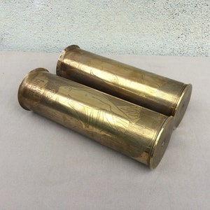 Artistically Engraved Pair of Trench Art Vases, WW1 Militaria