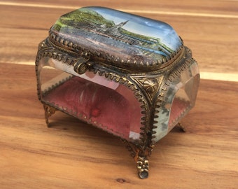 Antique Ring Box, French 1800's Small Glass Jewelry Box For Rings or Rosary, Found And Flogged