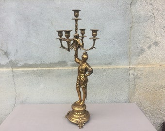 Grande candelabro antico in oro, centrotavola in stile Art Nouveau francese, trovato e fustigato