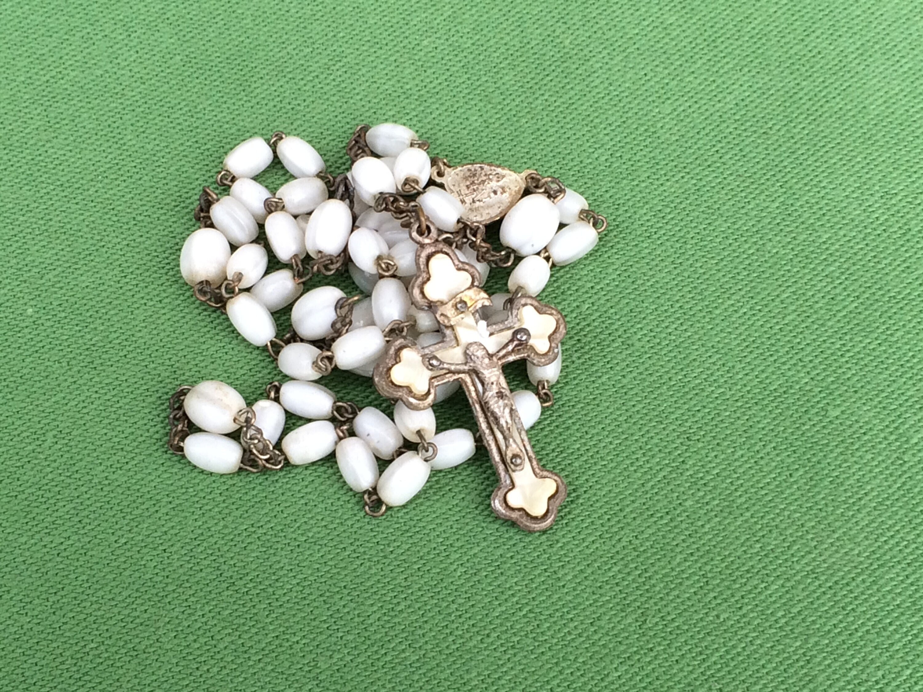 Français Perles de Prière Du Rosaire Antique, d'argent avec Perles Verre Blanc, Cadeau Confirmation 