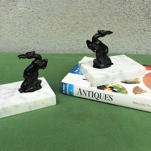 Deer Bookends, French Art Deco Metal Book Ends with Marble Bases
