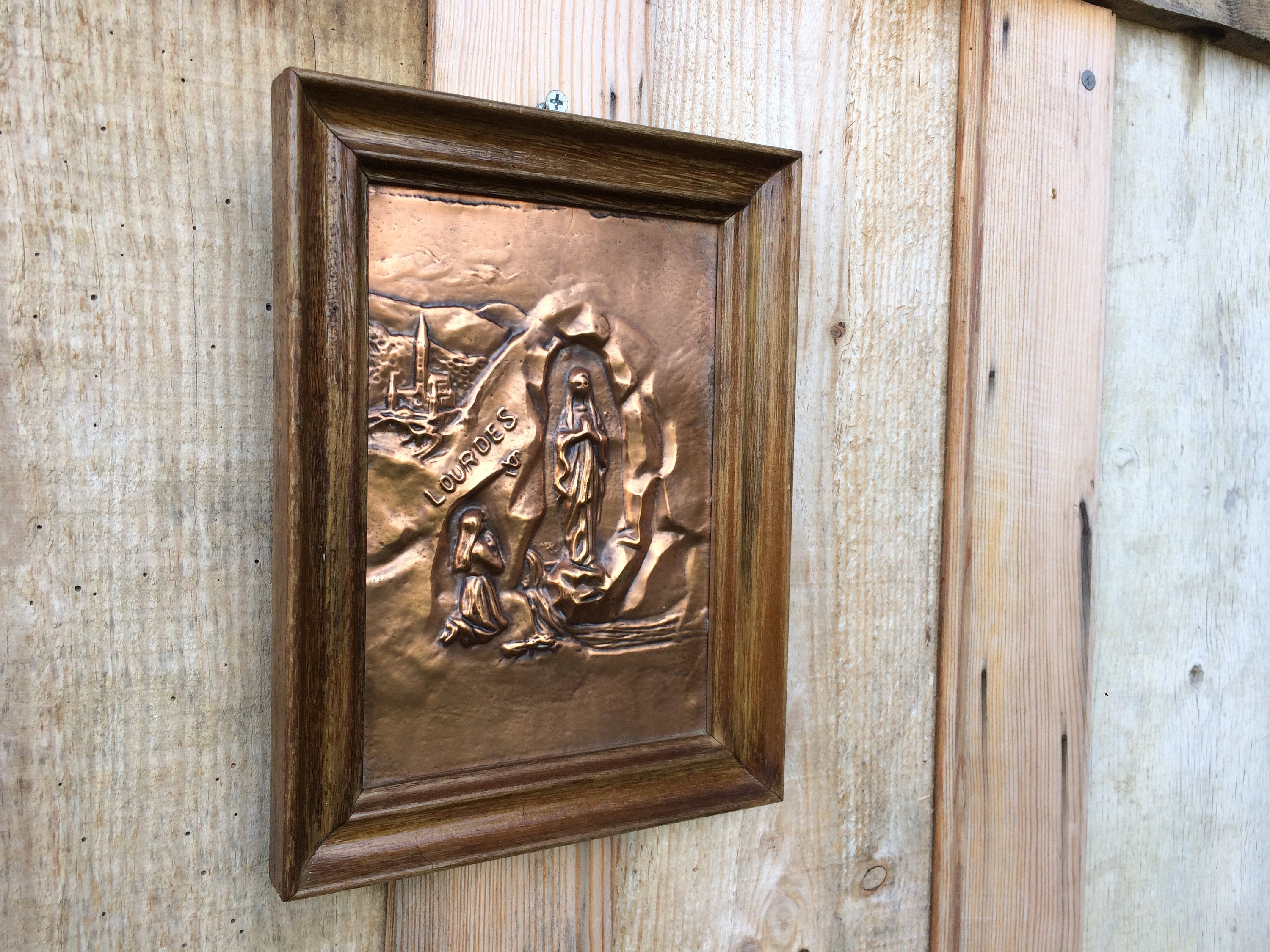 Lourdes Souvenir Catholique Cuivre Mur Art Décor, Français Vintage Mid Century Cadeaux Religieux, Tr