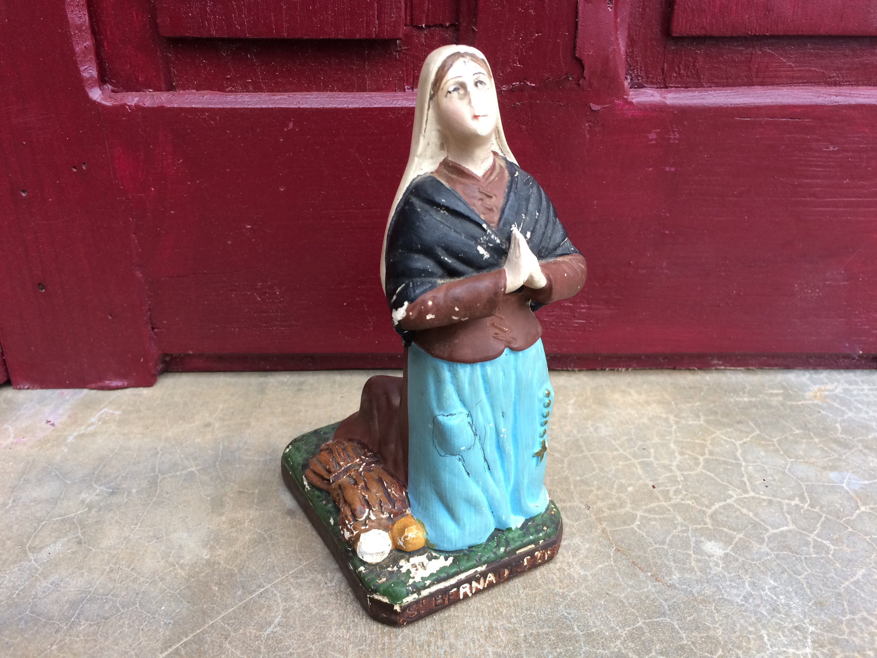 Signé Lourdes Statue Catholique Français Chrétien Antique, Buste en Plâtre de Sainte Bernadette, Cad