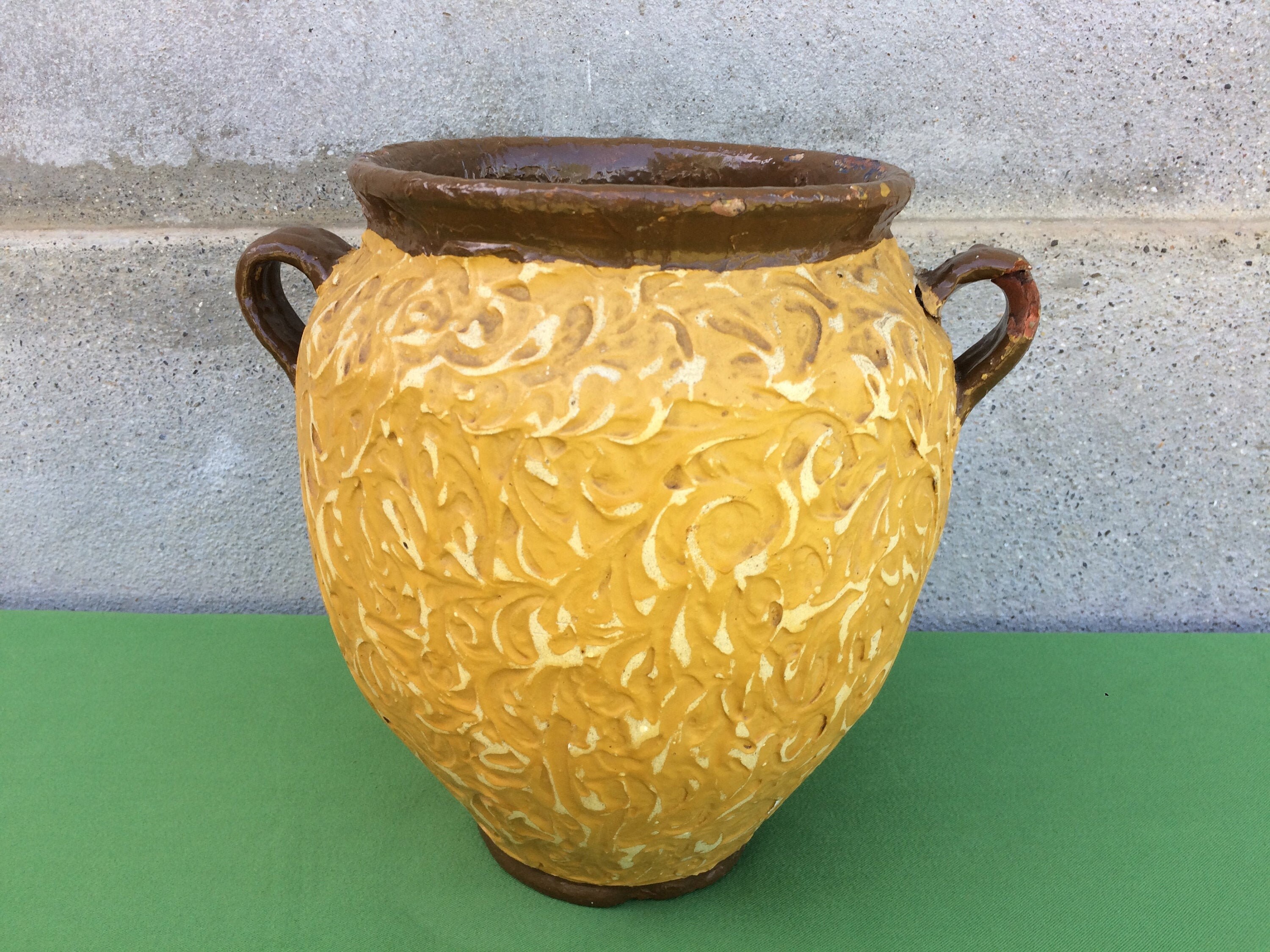 Français Pot Confit Antique en Grès Jug ou Crock, Poterie Émaillé Ocre, Décor de Ferme Rustique, Tro