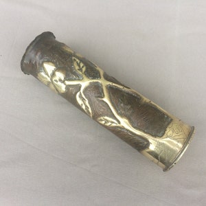 Lorraine Trench Art Vase, Reshaped And Decorated Antique Brass Case From World War 1