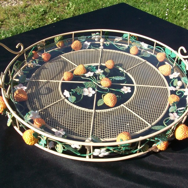 French Vintage Metal Tray with Glass Top Serving Tray With Handles & Fruit Decor, Found And Flogged