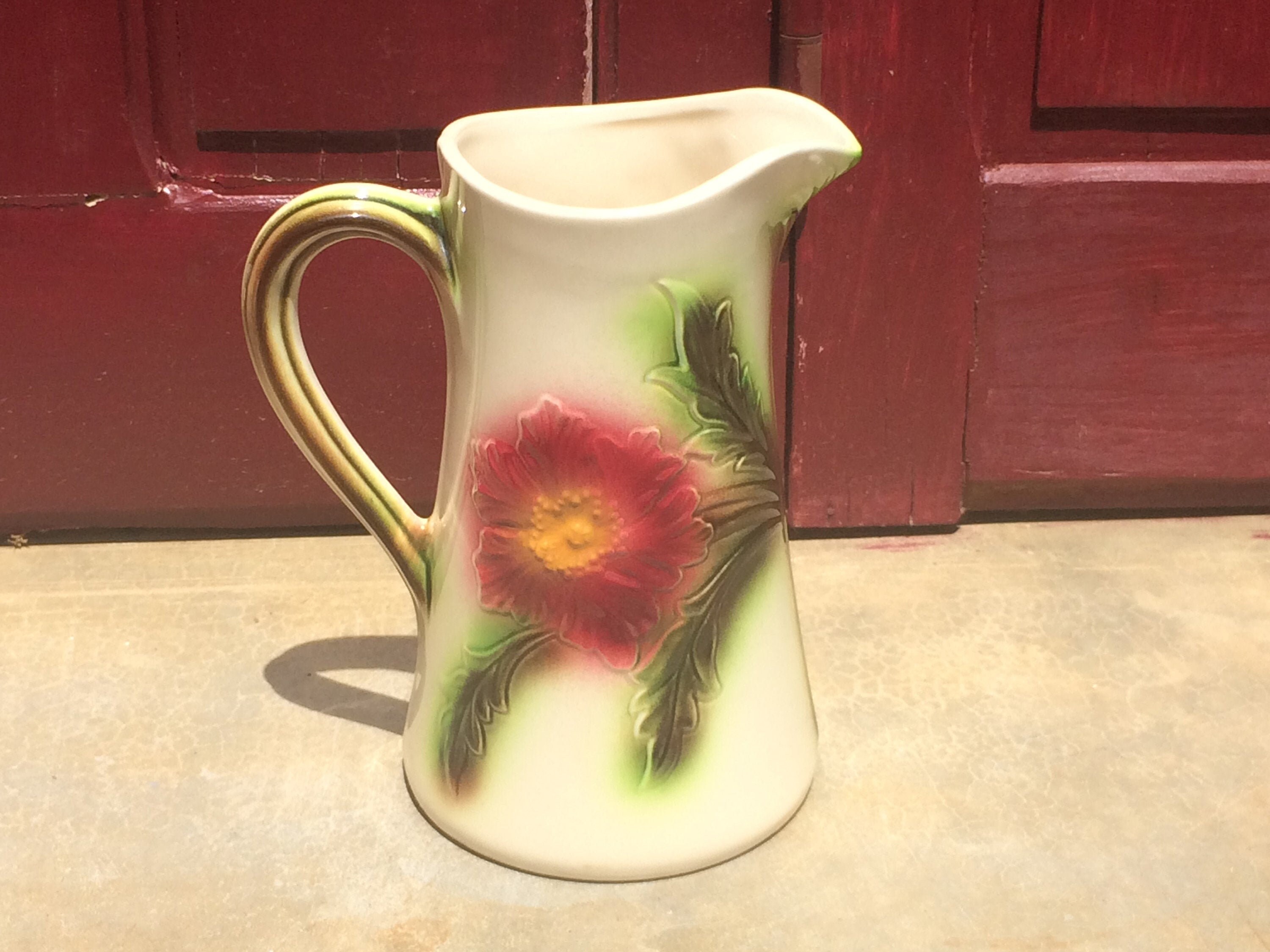 Pichet ou Vase en Céramique avec Décor Floral, Pichet d'eau Barbotine Vintage Français à Lait Vintag