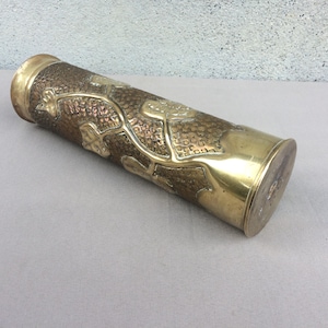 Trench Art Vase, Reshaped And Decorated Antique Brass Case From World War 1