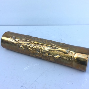 Trench Art Vase, Reshaped And Decorated Antique Brass Case From World War 1