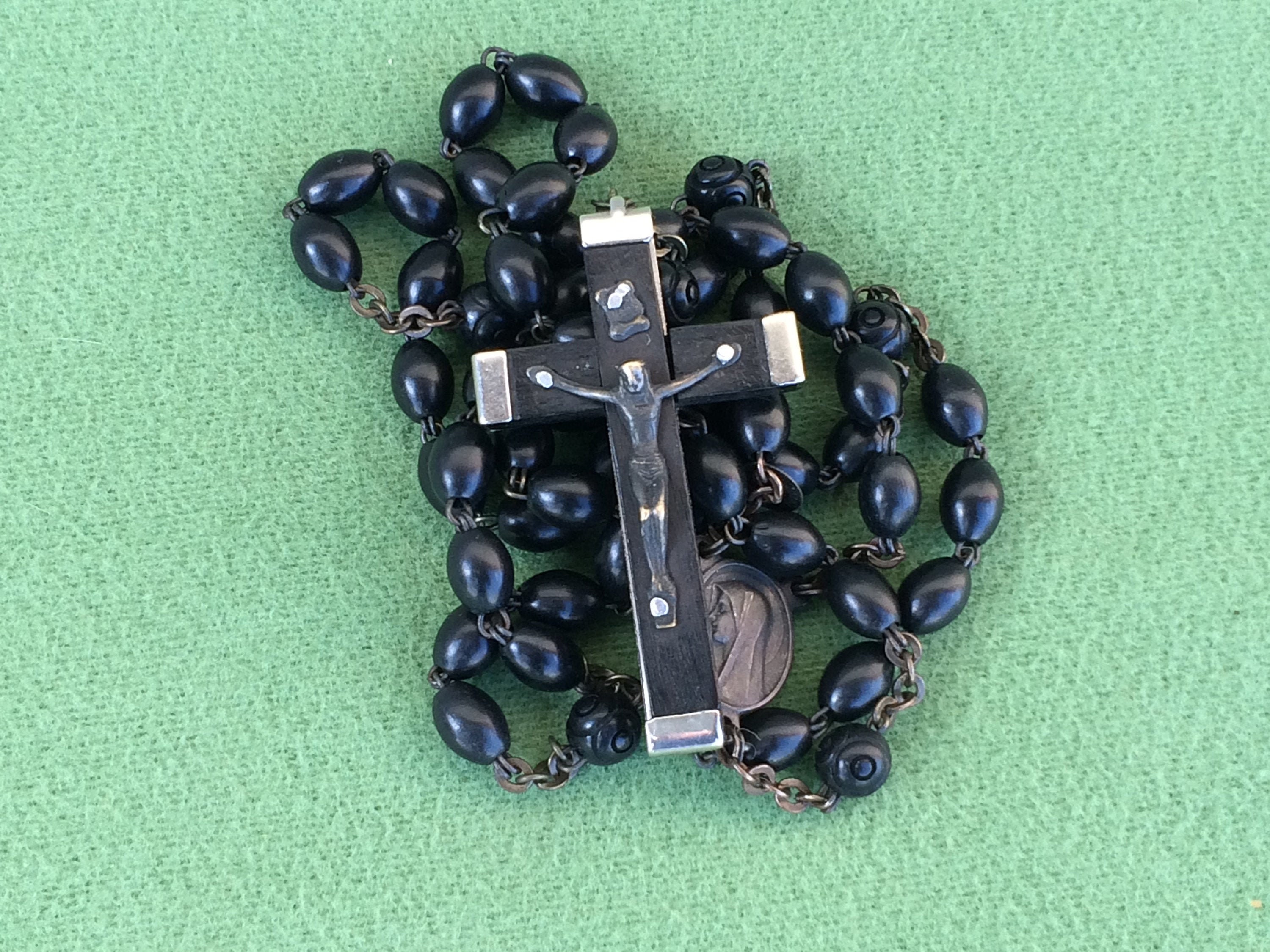 Perles de Prière Du Rosaire Antique Italien, Chapelet d'argent avec Perles Noires, Cadeaux Chrétiens