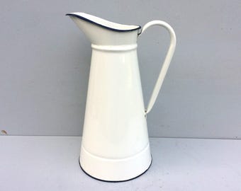 Large White Enamel Pitcher, Mid Century Enamelware