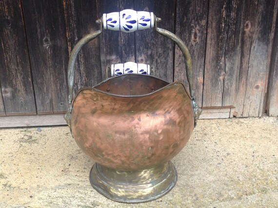French Vintage Copper And Brass Coal Bucket Fireplace Decor