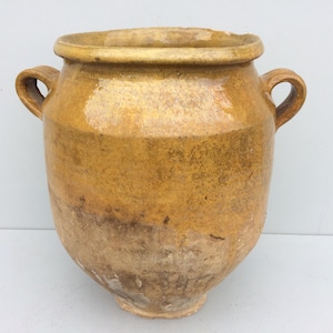 Stor konfiterad kruka, fransk antik ockraglaserad keramik