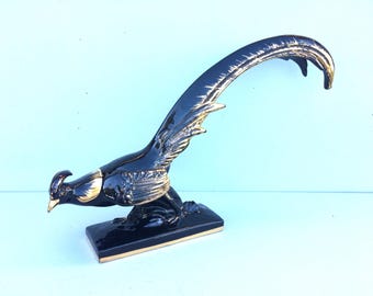 Grande décoration de faisan, centre de table en porcelaine noire et dorée, décor de pavillon de chasse
