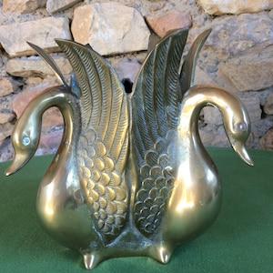 Art Deco Cache Pot, Antique Brass Swan Planter