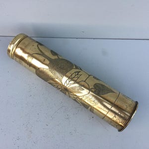 Trench Art Vase, Reshaped And Decorated Antique Brass Case From World War 1