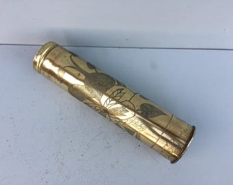Trench Art Vase, Reshaped And Decorated Antique Brass Case From World War 1
