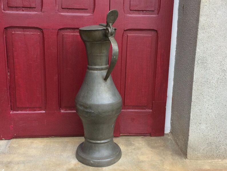 Very Large Antique Pewter Wine Pitcher or Water Jug Shabby Chic French Hallmarked Pewter Ornament