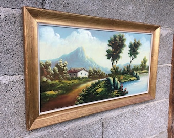 Cuadro de paisaje para pared, óleo original sobre tabla enmarcado.