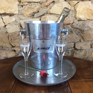 Champagne Bucket and 2 Matching Flutes, French Vintage Barware