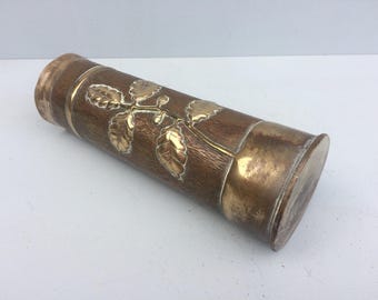 Trench Art Vase, Reshaped And Decorated Antique Brass Case From World War 1