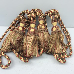 Vintage Tassel Curtain Tiebacks: Red, Green & Gold Cord - Set of 4