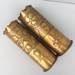 Pair of Trench Art Vases, Antique WW1 Militaria, Military Gifts