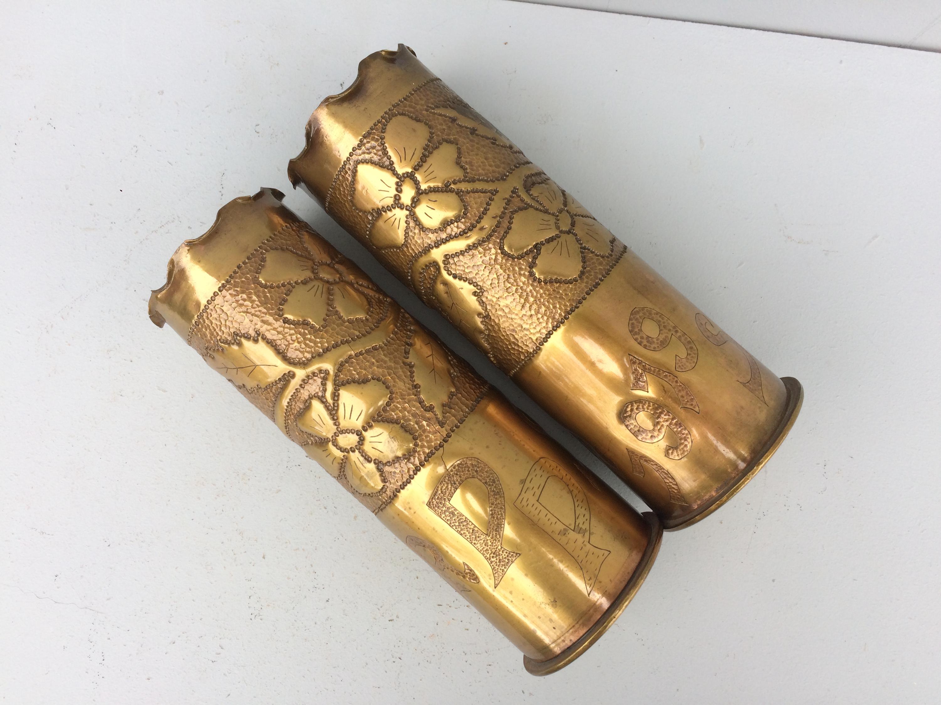 Pair of Trench Art Vases, Antique WW1 Militaria, Military Gifts