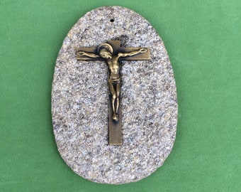 Gold Wall Cross, French Vintage Crucifix on Stone Tablet, Found And Flogged