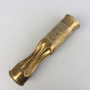 Trench Art Vase, Reshaped And Decorated Antique Brass Case From World War 1