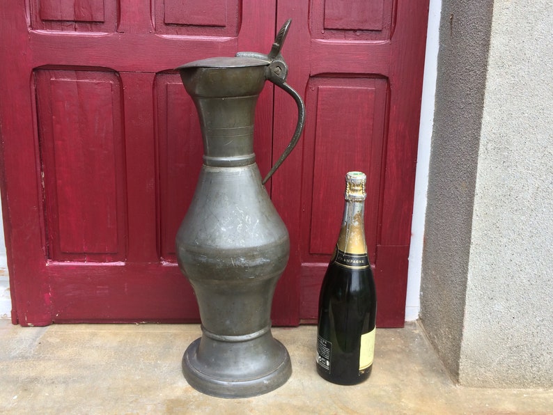 Very Large Antique Pewter Wine Pitcher or Water Jug Shabby Chic French Hallmarked Pewter Ornament