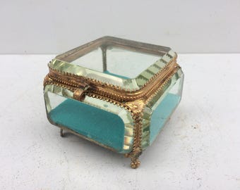 Boîte à bagues ancienne, grand coffret en verre pour bijoux ou chapelet